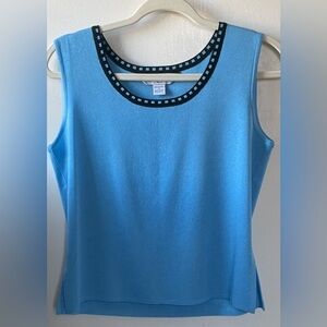MING WANG Caribbean Blue w/ Black Trim Sleeveless Scoop-Neck Knit Tank Top